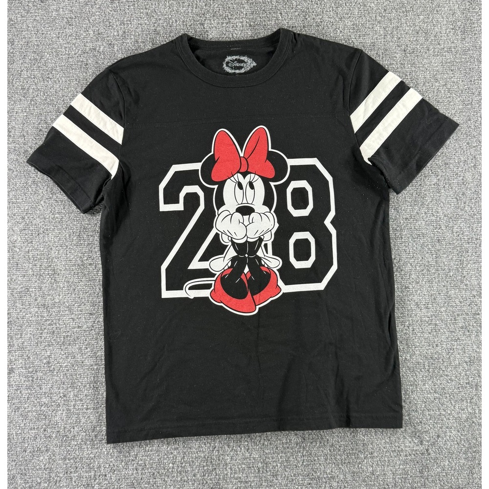 Disney Minnie Mouse Varsity 28 Graphic T-Shirt Black Striped Sleeve Womens M